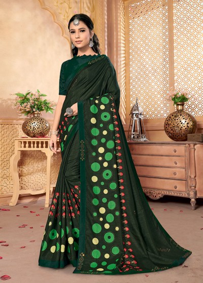 Green Silk Designer Party wear Foil Printed Saree with Border