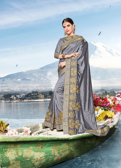 Grey Silk Heavy Bordered Saree with Embellishments