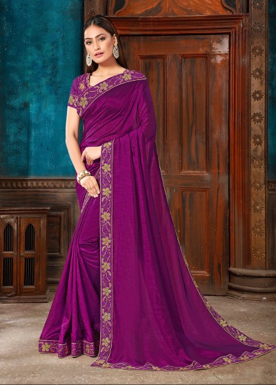 Purple Silk Elegant Bordered Saree with Embellishments