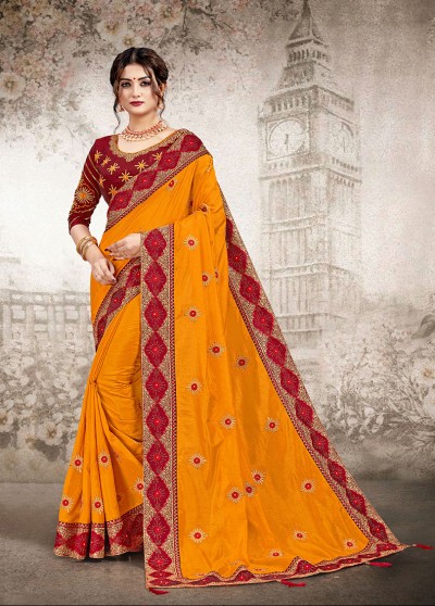 Yellow Silk Designer Embroidered Saree with Embellishments, Border