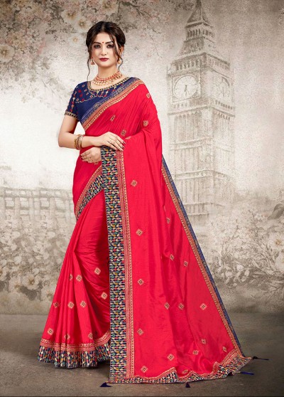 Crimson Silk Designer Embroidered Saree with Embellishments, Border