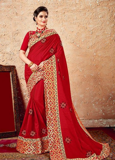 Red Silk Designer Embroidered Saree with Embellishments, Border