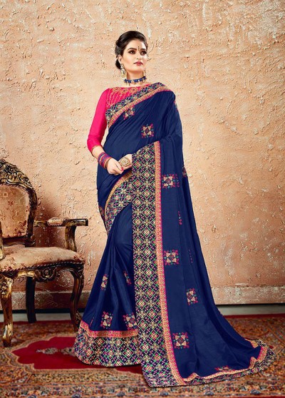 Blue Silk Designer Embroidered Saree with Embellishments, Border