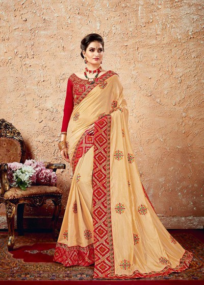 Cream Silk Designer Embroidered Saree with Embellishments, Border