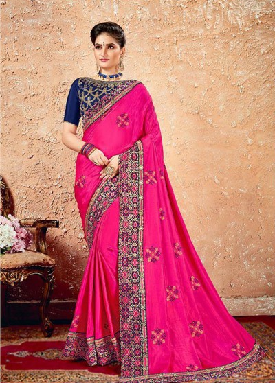 Pink Silk Designer Embroidered Saree with Embellishments, Border