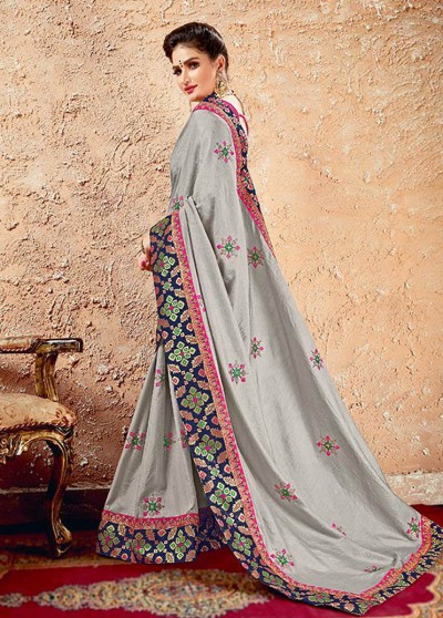 Grey Silk Designer Embroidered Saree with Embellishments, Border