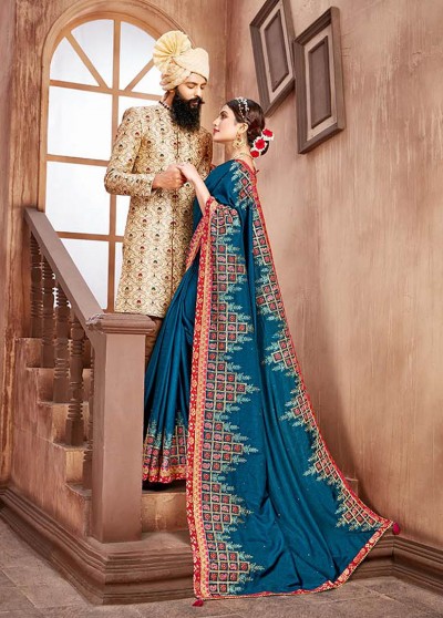 Blue Silk Designer Embroidered Saree with Embellishments, Border