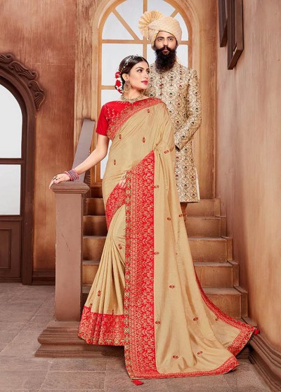 Beige Silk Designer Embroidered Saree with Embellishments, Border