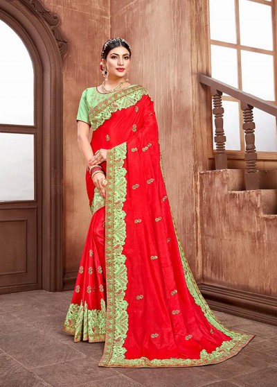 Crimson Silk Designer Embroidered Saree with Embellishments, Border