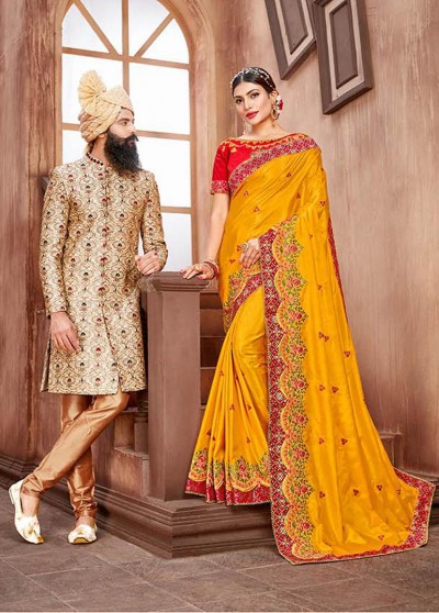 Yellow Silk Designer Embroidered Saree with Embellishments, Border