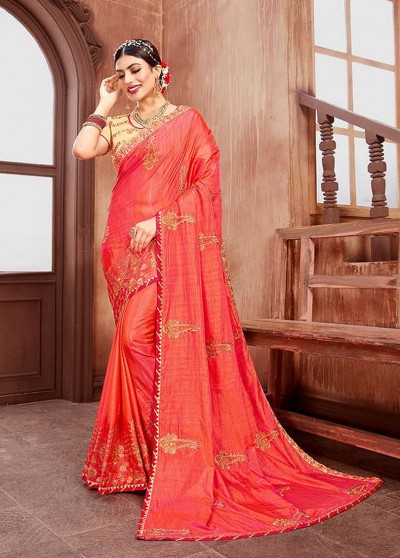 Pink Silk Designer Embroidered Saree with Embellishments, Border