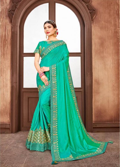 Sea Green Silk Designer Embroidered Saree with Embellishments, Border