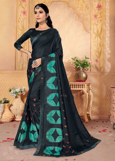 Grey Silk Designer Party wear Foil Printed Saree with Border