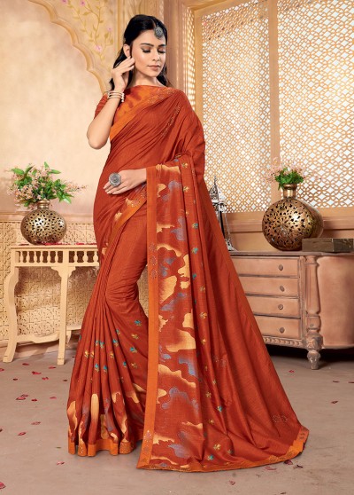 Orange Silk Designer Party wear Foil Printed Saree with Border