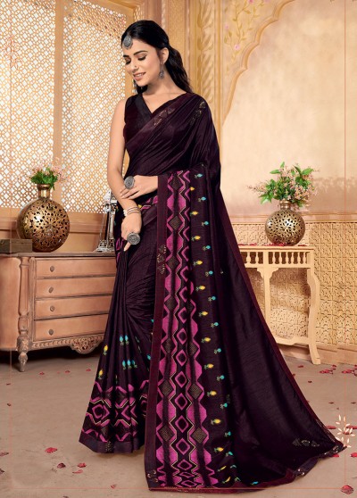 Wine Silk Designer Party wear Foil Printed Saree with Border