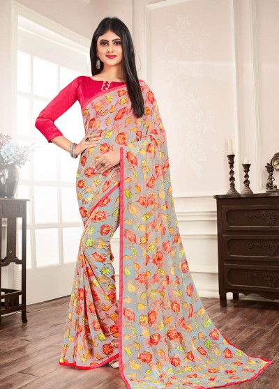 Grey Silk Floral Printed Saree with Border 