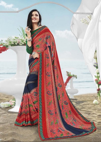 Red Masakali Designer Printed Saree with Border & Embellishments