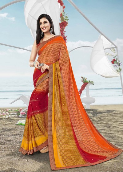 Yellow-Orange Masakali Designer Printed Saree with Border & Embellishments