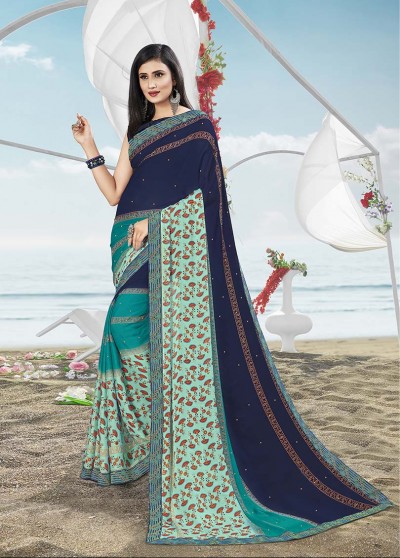 Blue Masakali Designer Printed Saree with Border & Embellishments