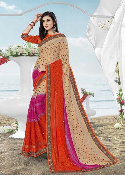 Orange-PinkMasakali Designer Printed Saree with Border & Embellishments