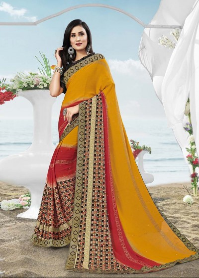 Yellow-Red Masakali Designer Printed Saree with Border & Embellishments