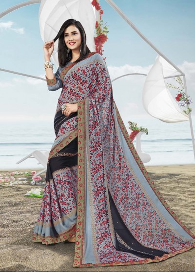 Grey-Black Masakali Designer Printed Saree with Border & Embellishments