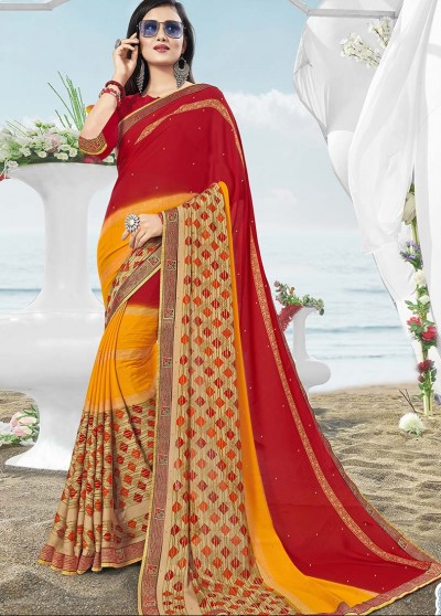 Red-Yellow Masakali Designer Printed Saree with Border & Embellishments