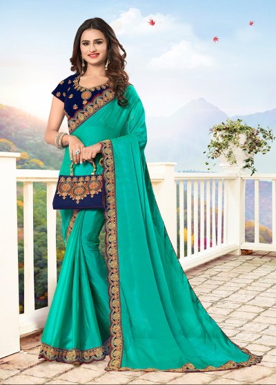 Blue Chiffon Designer Bordered Saree with Embellishments, Purse