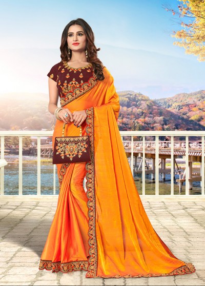 Saffron Chiffon Designer Bordered Saree with Embellishments, Purse