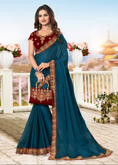 Blue Chiffon Designer Bordered Saree with Embellishments, Purse