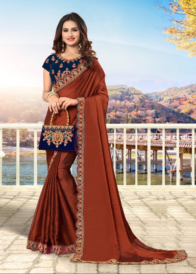 Brown Chiffon Designer Bordered Saree with Embellishments, Purse