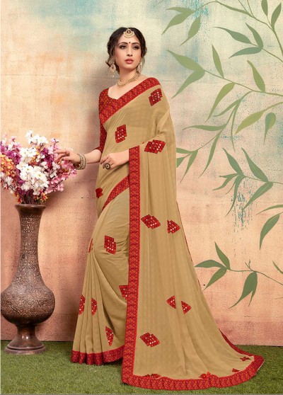 Beige Chiffon Printed Saree with Border, Embellishments 