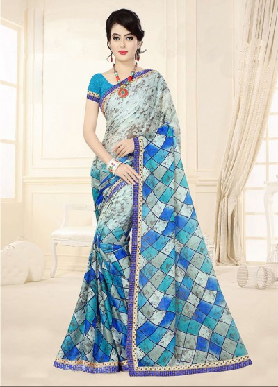 Blue Chiffon Printed Saree with Border 