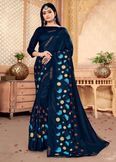 Blue Silk Designer Party wear Foil Printed Saree with Border