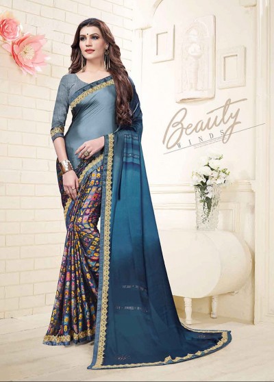 Blue Silk Half n Half Printed Swarovski work Saree with Border