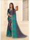 Blue Silk Printed Embroidered Saree with Border 