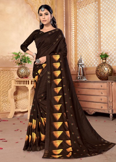 Brown Silk Designer Party wear Foil Printed Saree with Border