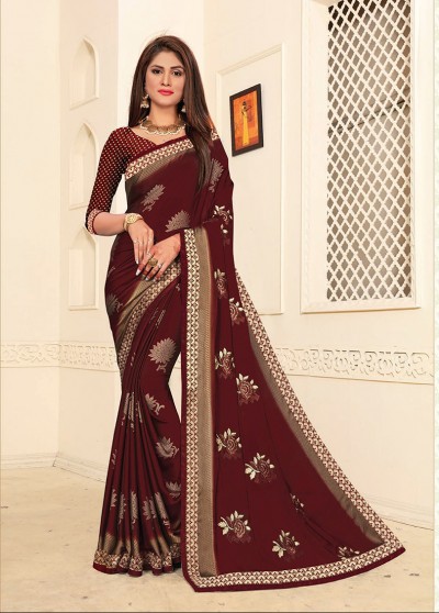 Brown Silk Printed Embroidered Saree with Border 