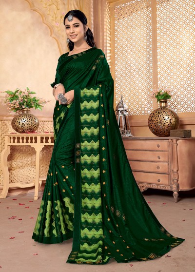 Green Silk Designer Party wear Foil Printed Saree with Border