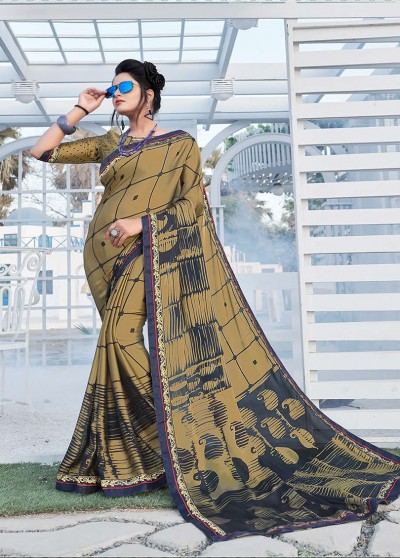 Khaki Silk Printed Saree with Border