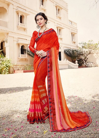 Orange-Red Georgette Designer Printed Saree with Border 