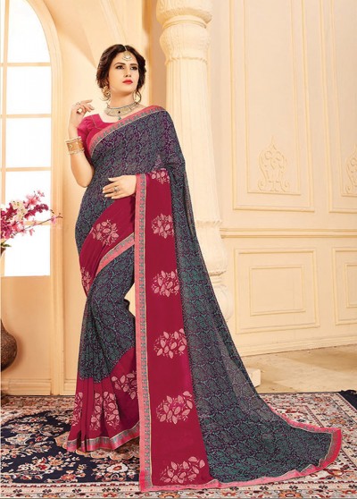 Pink Georgette Designer Printed Embroidered Saree with Border 