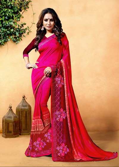 Pink Silk Printed Embroidered Saree with Border, Embellishmenrs 