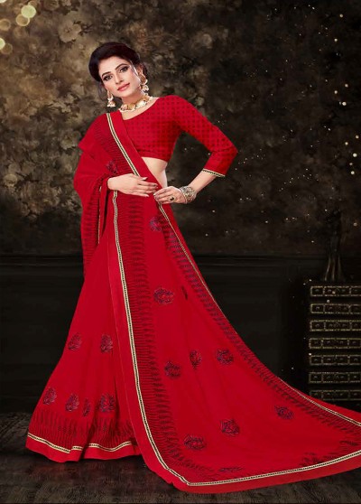 Red Georgette Printed Embroidered Saree with Border 