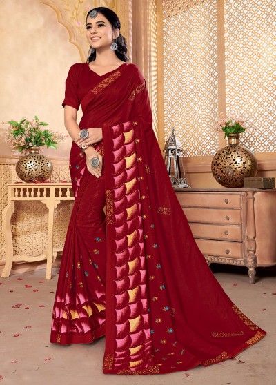 Red Silk Designer Party wear Foil Printed Saree with Border