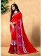 Red Silk Printed Embroidered Saree with Border, Embellishments 