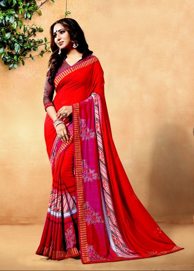 Red Silk Printed Embroidered Saree with Border, Embellishments 