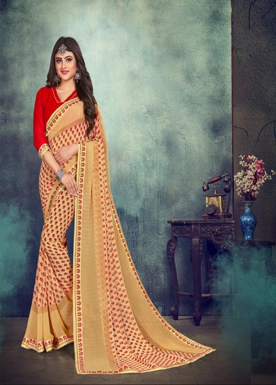 Tan Chiffon Printed Saree with Border 