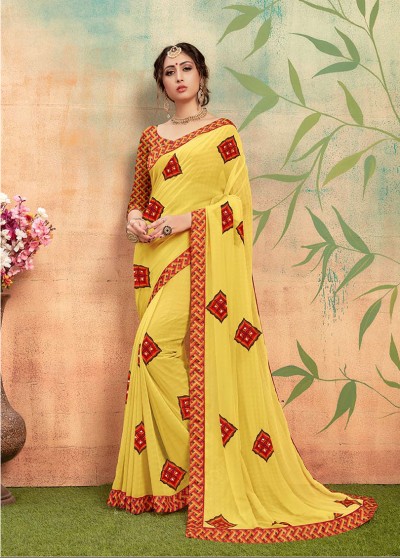 Yellow Chiffon Printed Saree with Border, Embellishments 