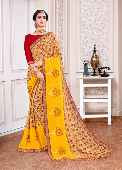 Yellow Georgette Printed Embroidered Saree with Border, Embellishments 